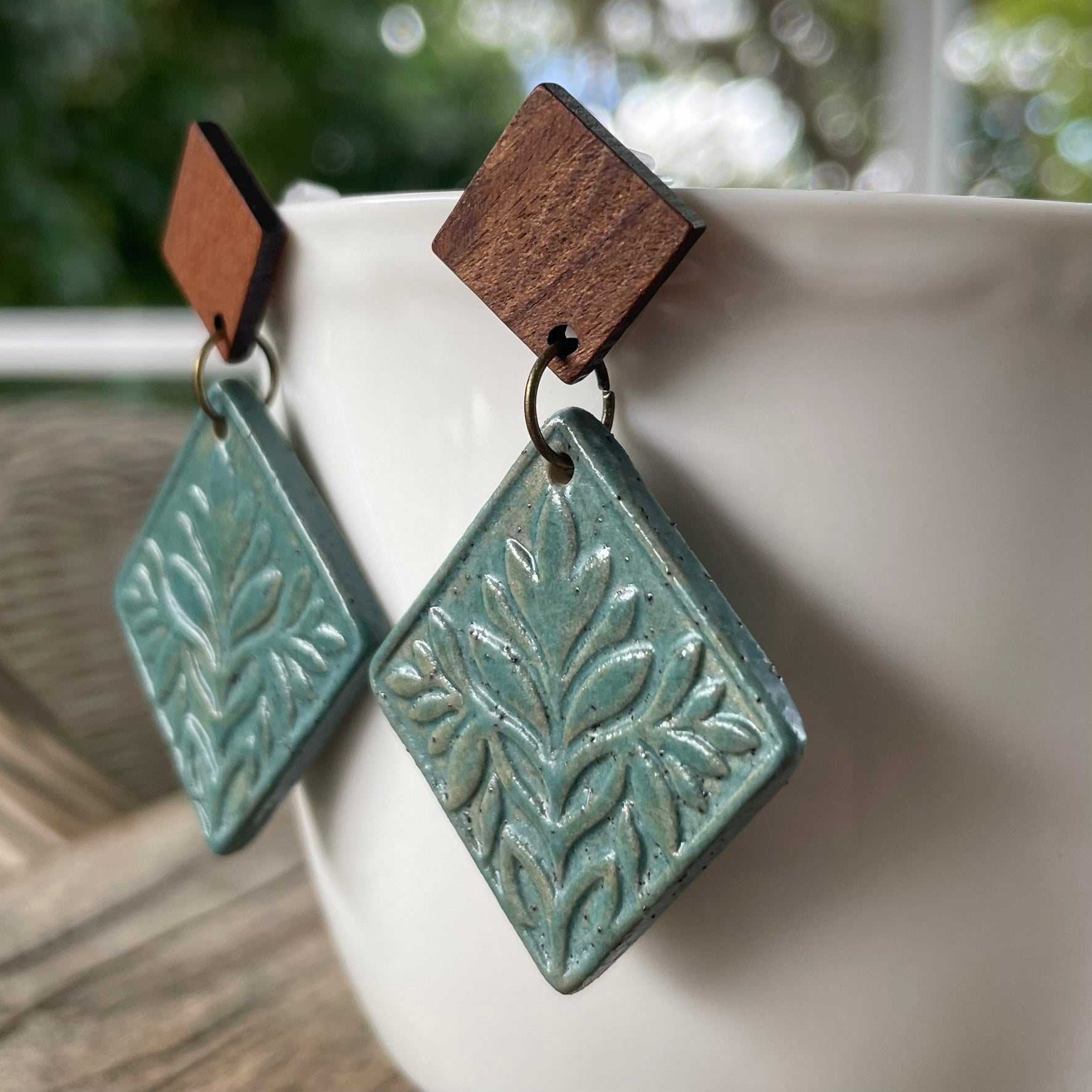 Earrings - Turquoise Ceramic leaf pattern with wooden stud