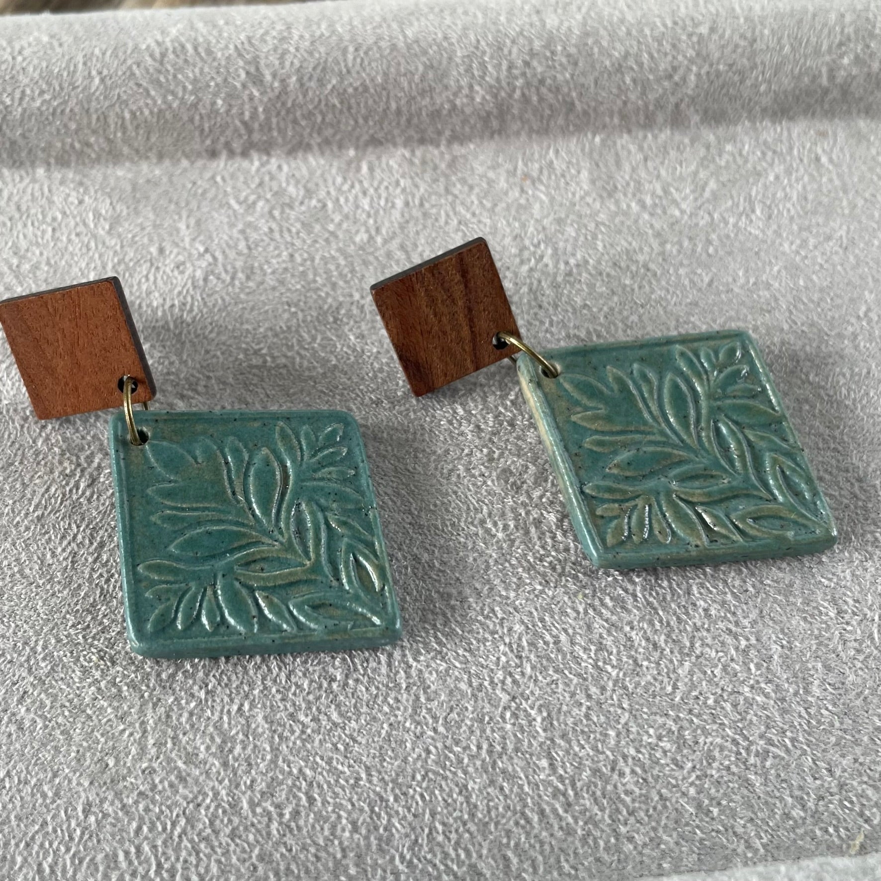 Earrings - Turquoise Ceramic leaf pattern with wooden stud