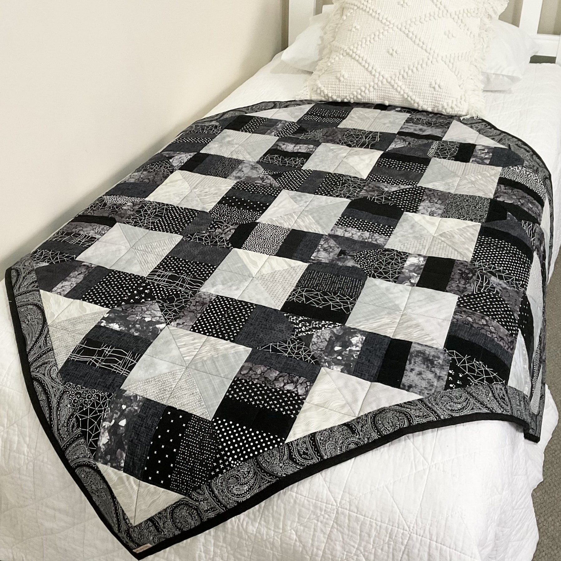 Patchwork throw, lap quilt, blanket black and grey