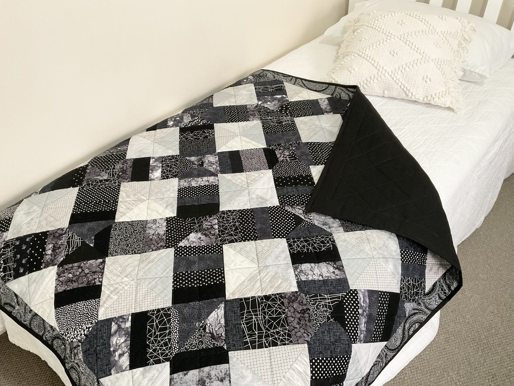 Patchwork throw, lap quilt, blanket black and grey