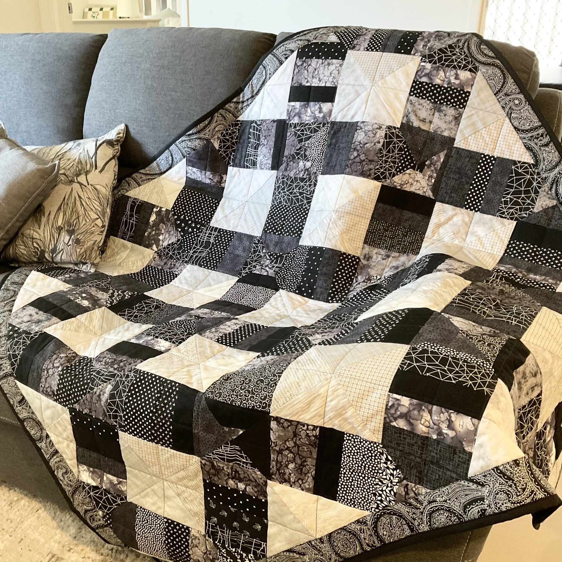 Patchwork throw, lap quilt, blanket black and grey