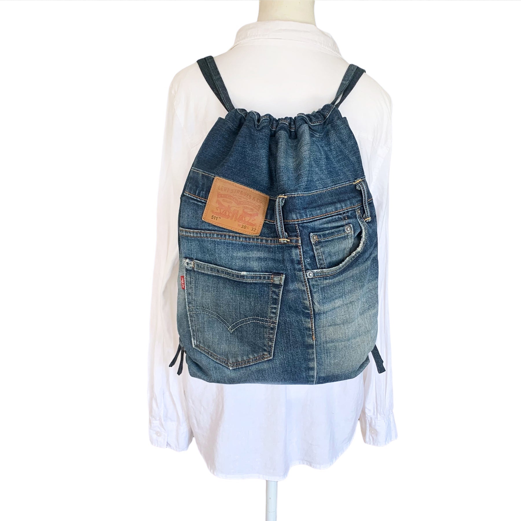 Upcycled Levi Jeans Denim Drawstring Backpack