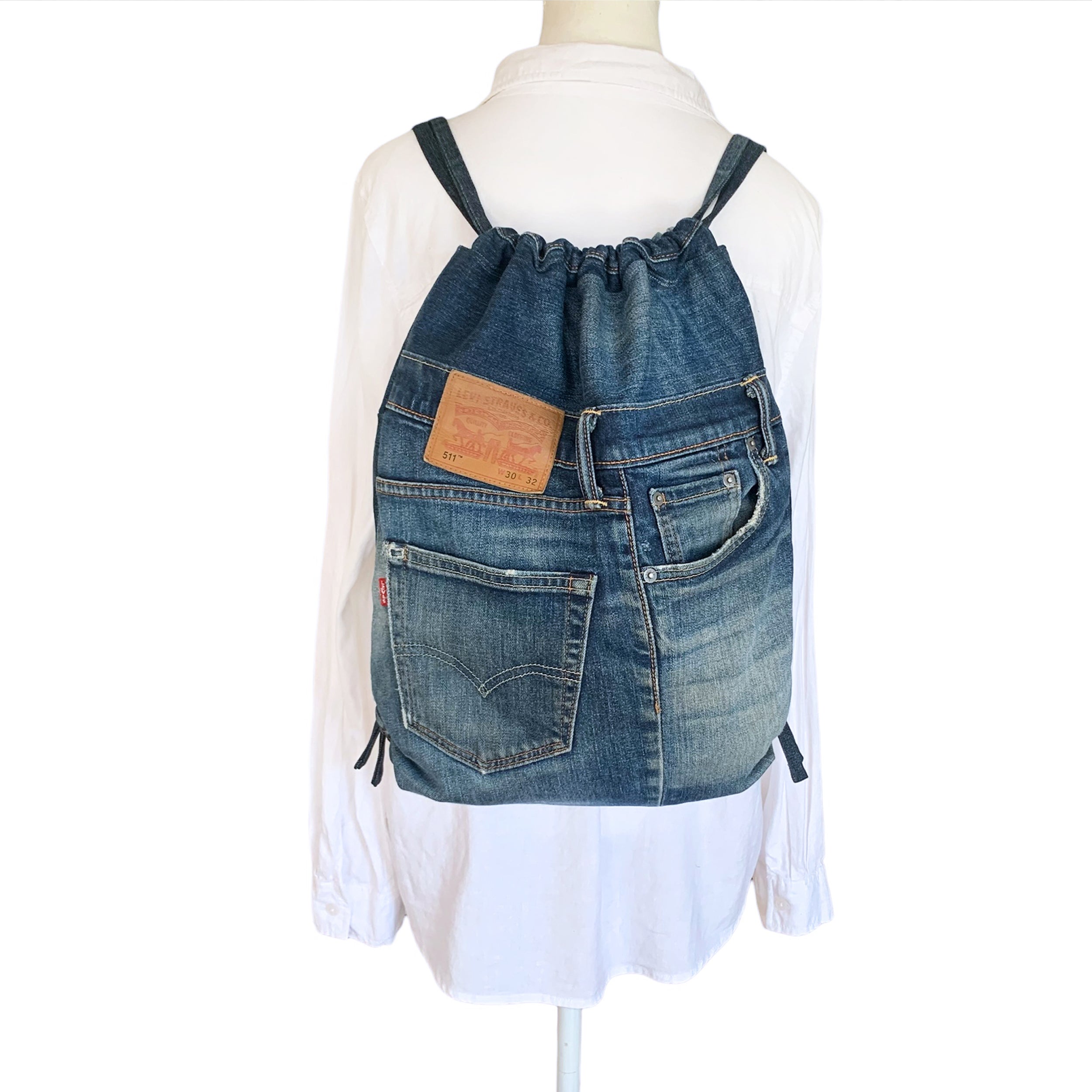 Upcycled Levi Jeans Denim Drawstring Backpack