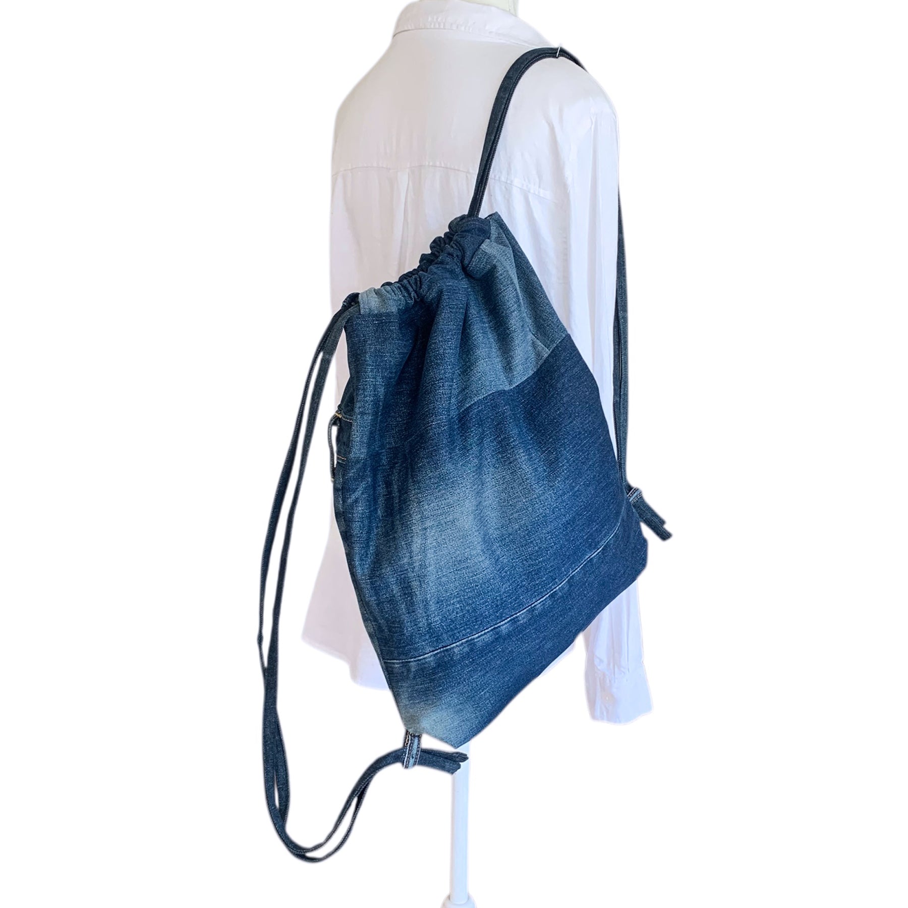 Upcycled Levi Jeans Denim Drawstring Backpack