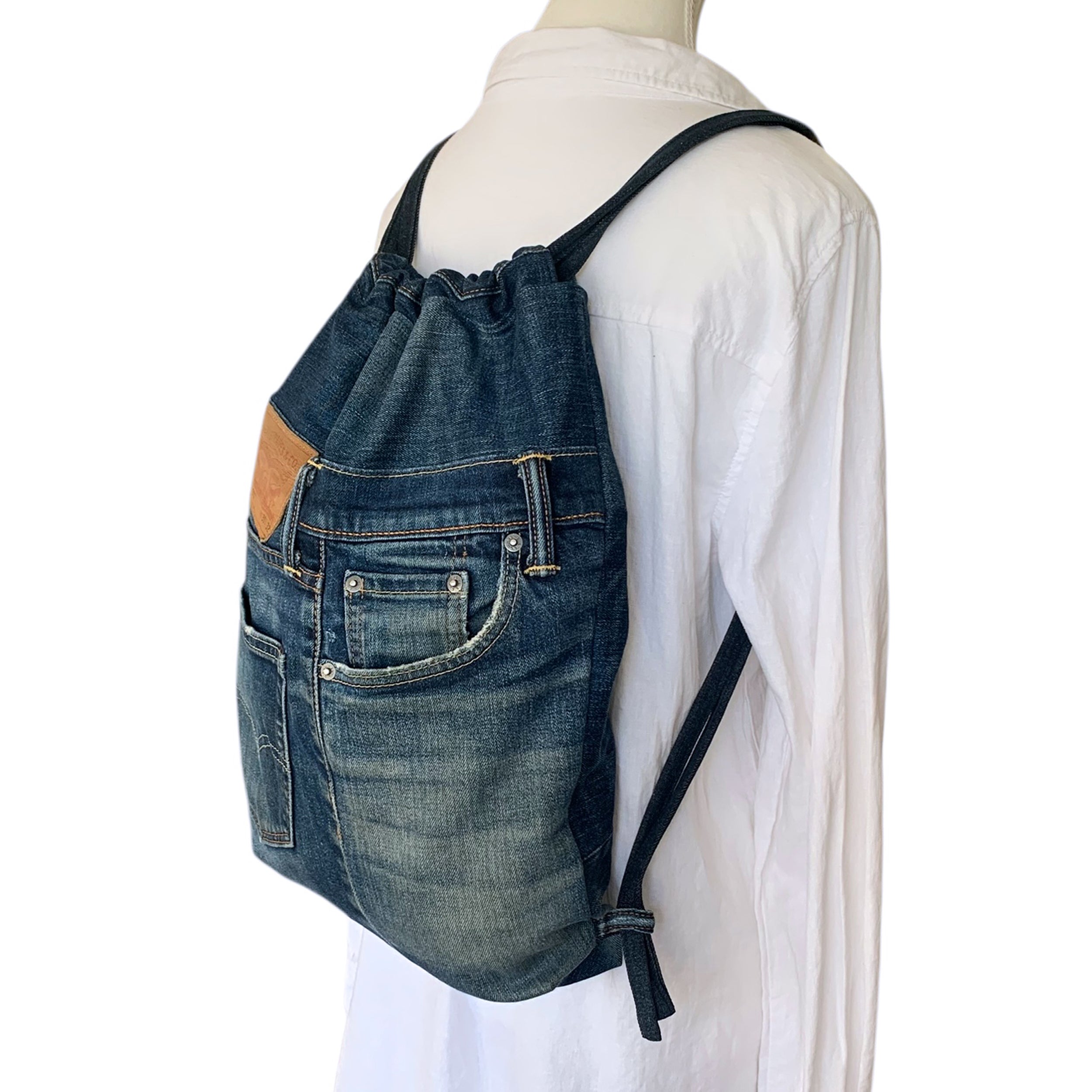 Upcycled Levi Jeans Denim Drawstring Backpack