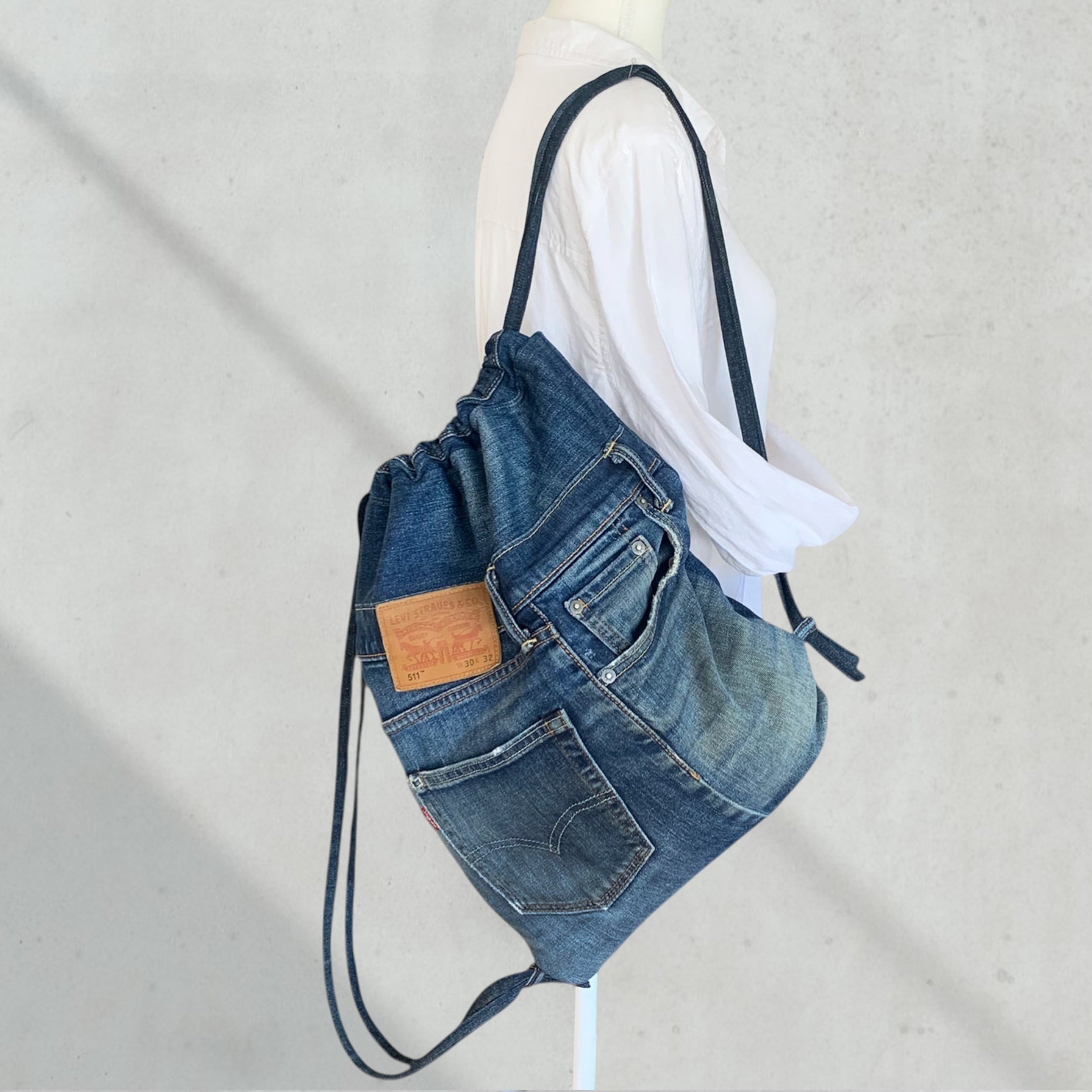 Upcycled Levi Jeans Denim Drawstring Backpack