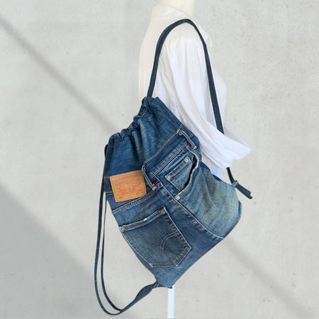 Upcycled Levi Jeans Denim Drawstring Backpack