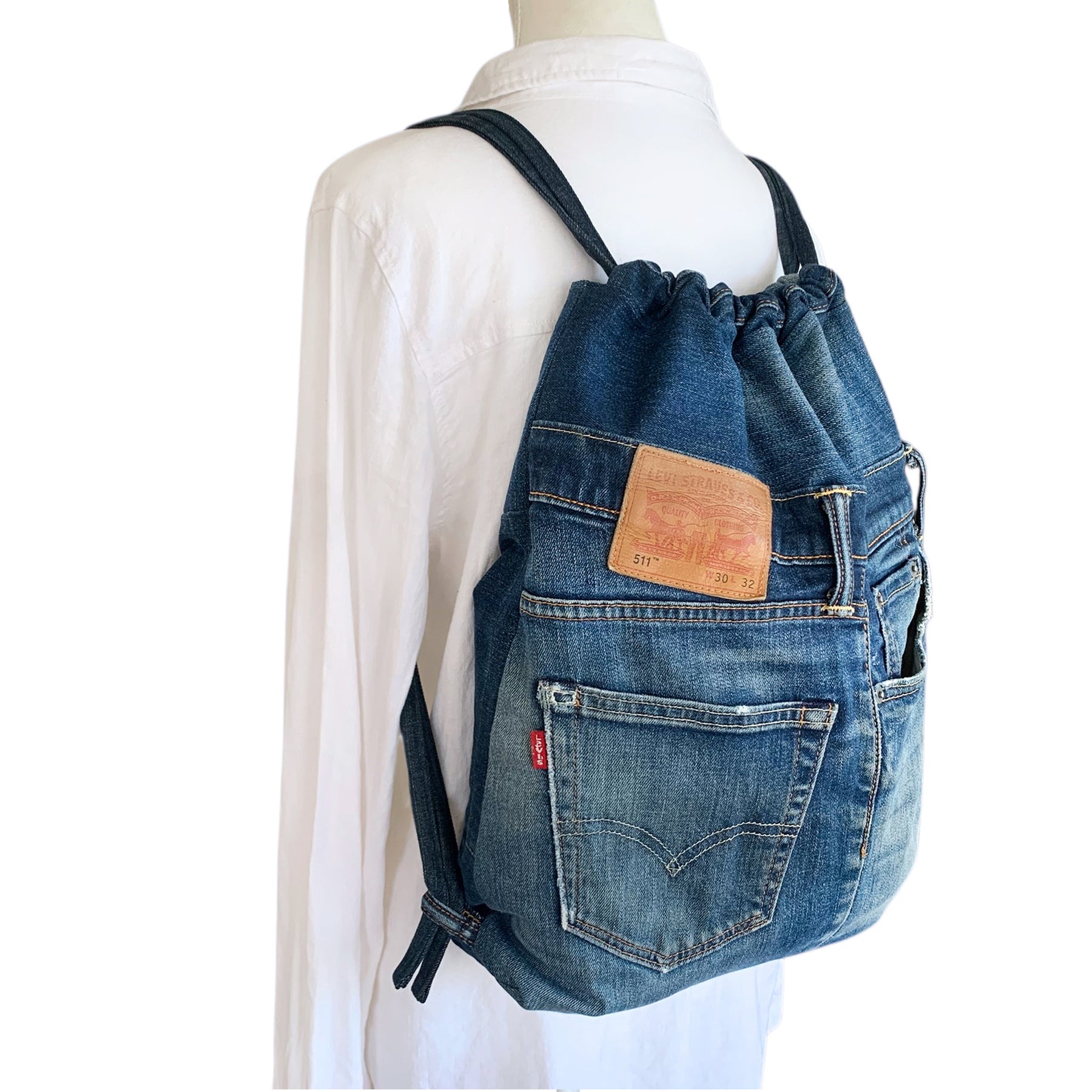 Upcycled Levi Jeans Denim Drawstring Backpack