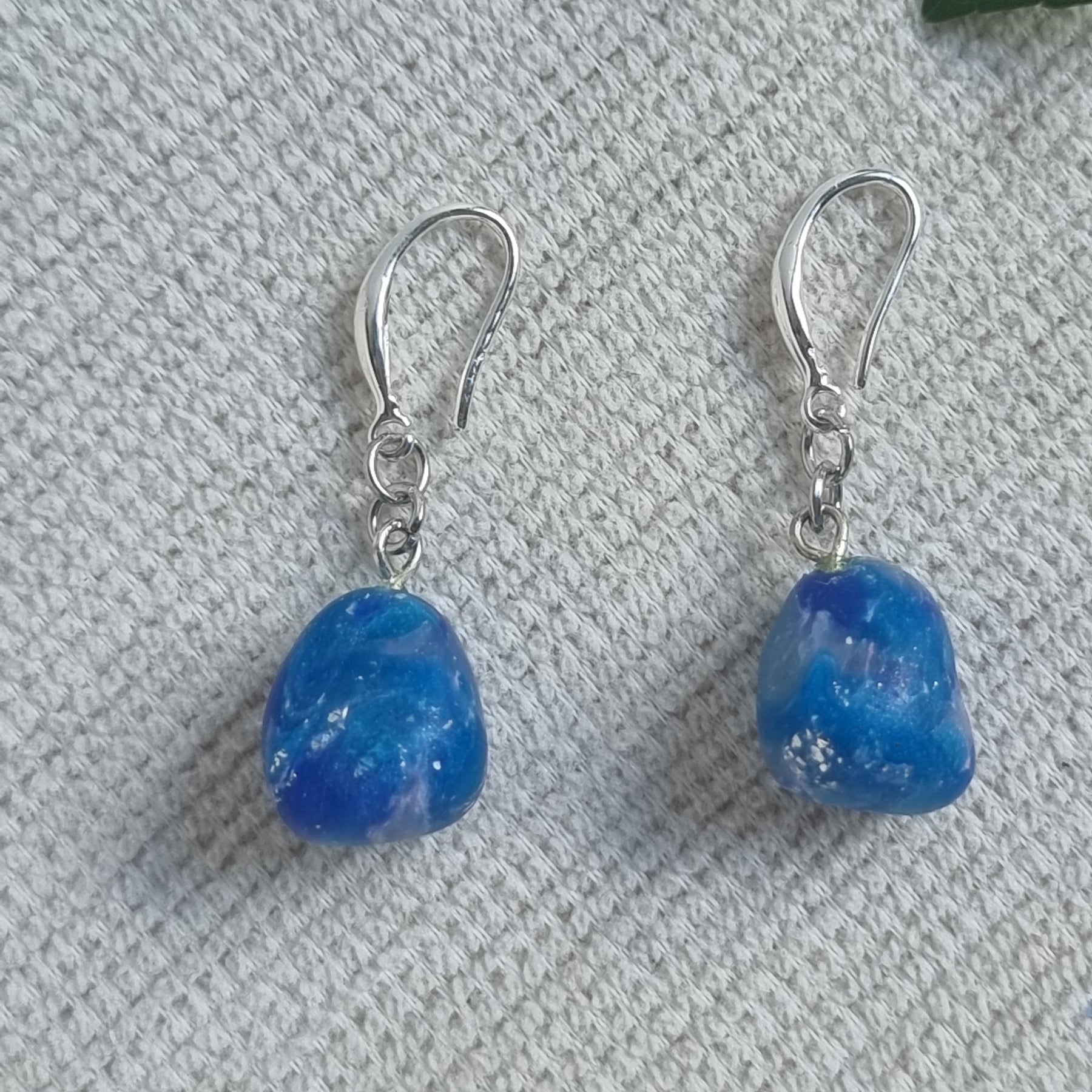 Ocean Pebble Dangle = Blue and Silver marble effect earrings