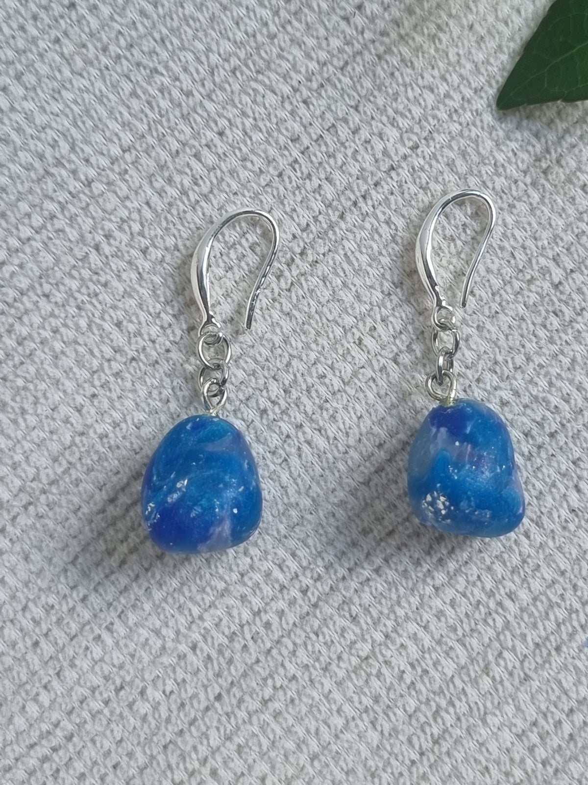 Ocean Pebble Dangle = Blue and Silver marble effect earrings