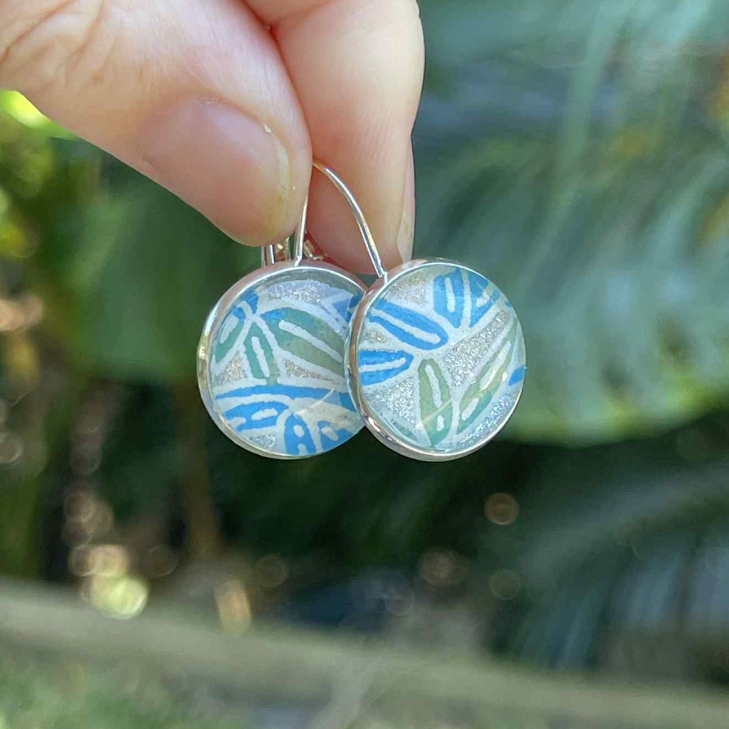 Blue and green earrings. Handmade with Japanese papers.  Choose dangles or studs