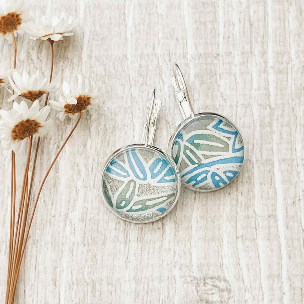 Blue and green earrings. Handmade with Japanese papers.  Choose dangles or studs