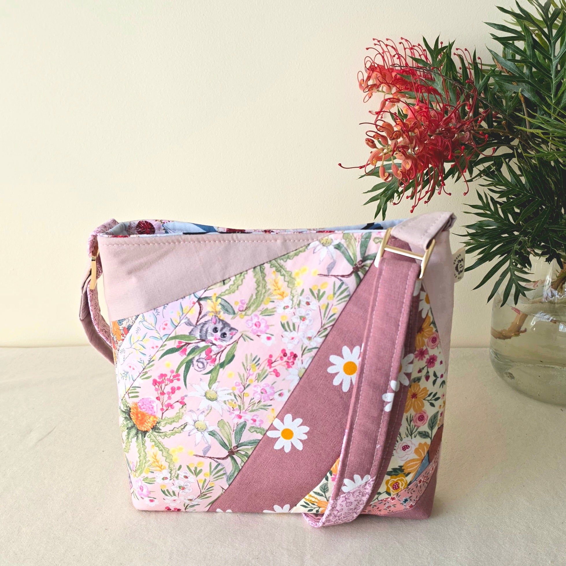 Repurposed Remnants Pink Patchwork Crossbody Bag | Made with fabric scraps
