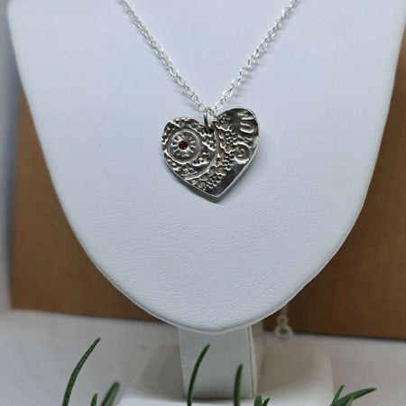 Handmade Fine Silver Crystal Mum Heart Textured Pendant