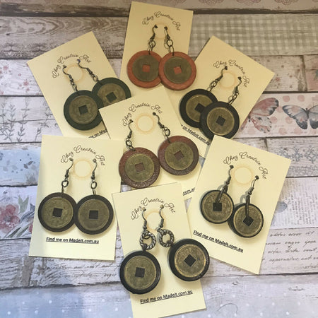 Hand Painted Wooden Earrings with Ancient Chinese Coin