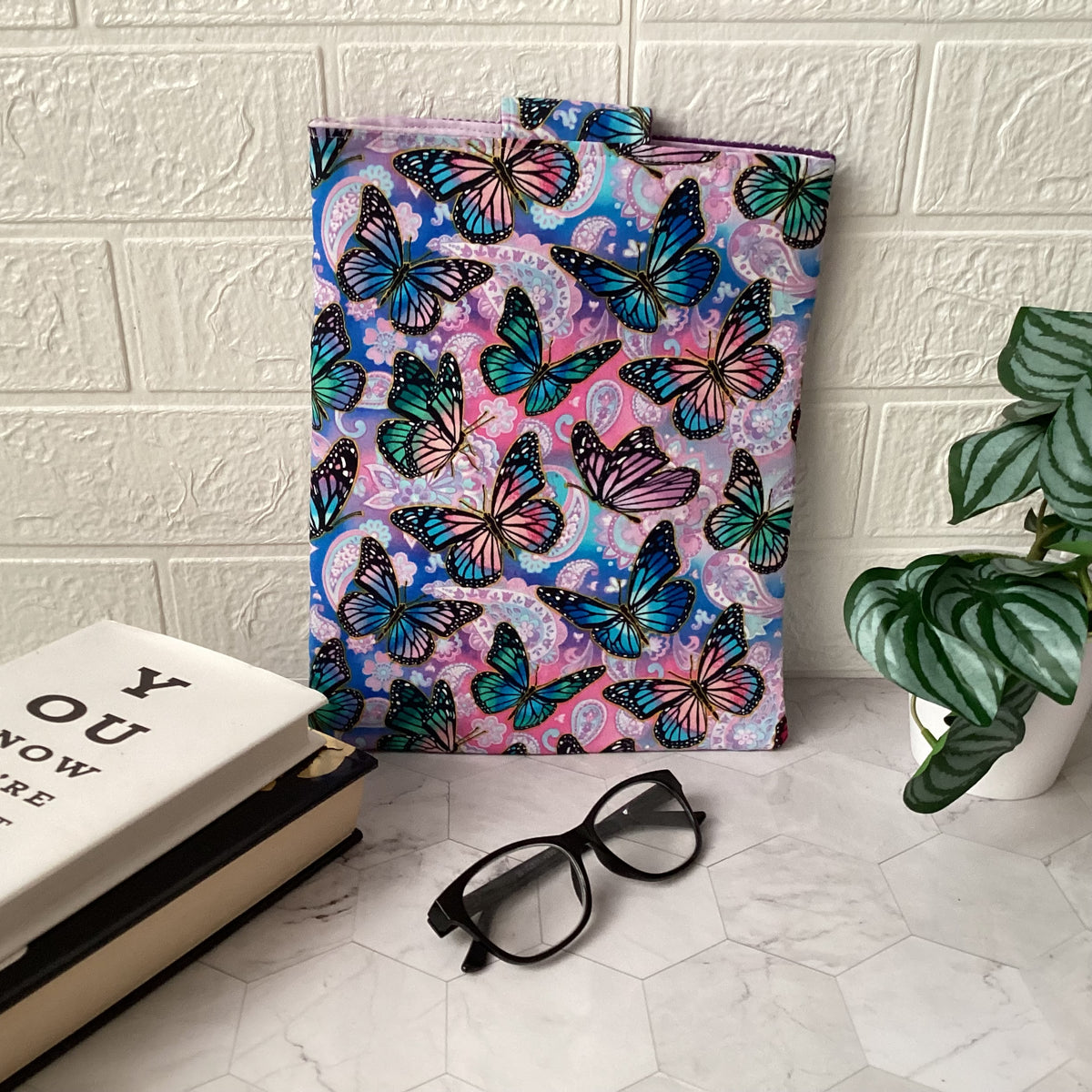 Butterflies fabric book sleeve with 2 pockets. iPad, tablet pouch