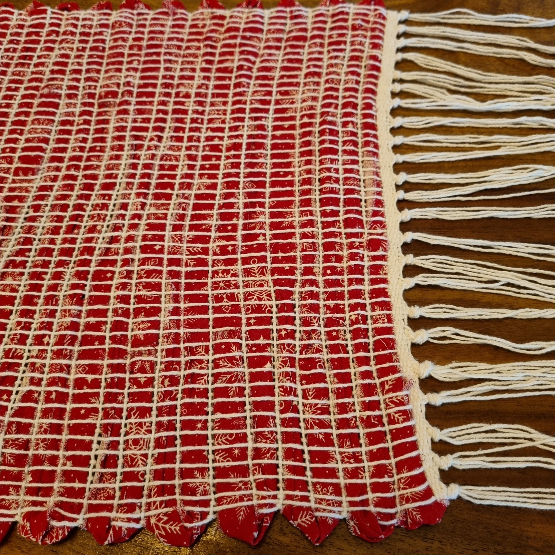 Handwoven Christmas fabric table runner red and white