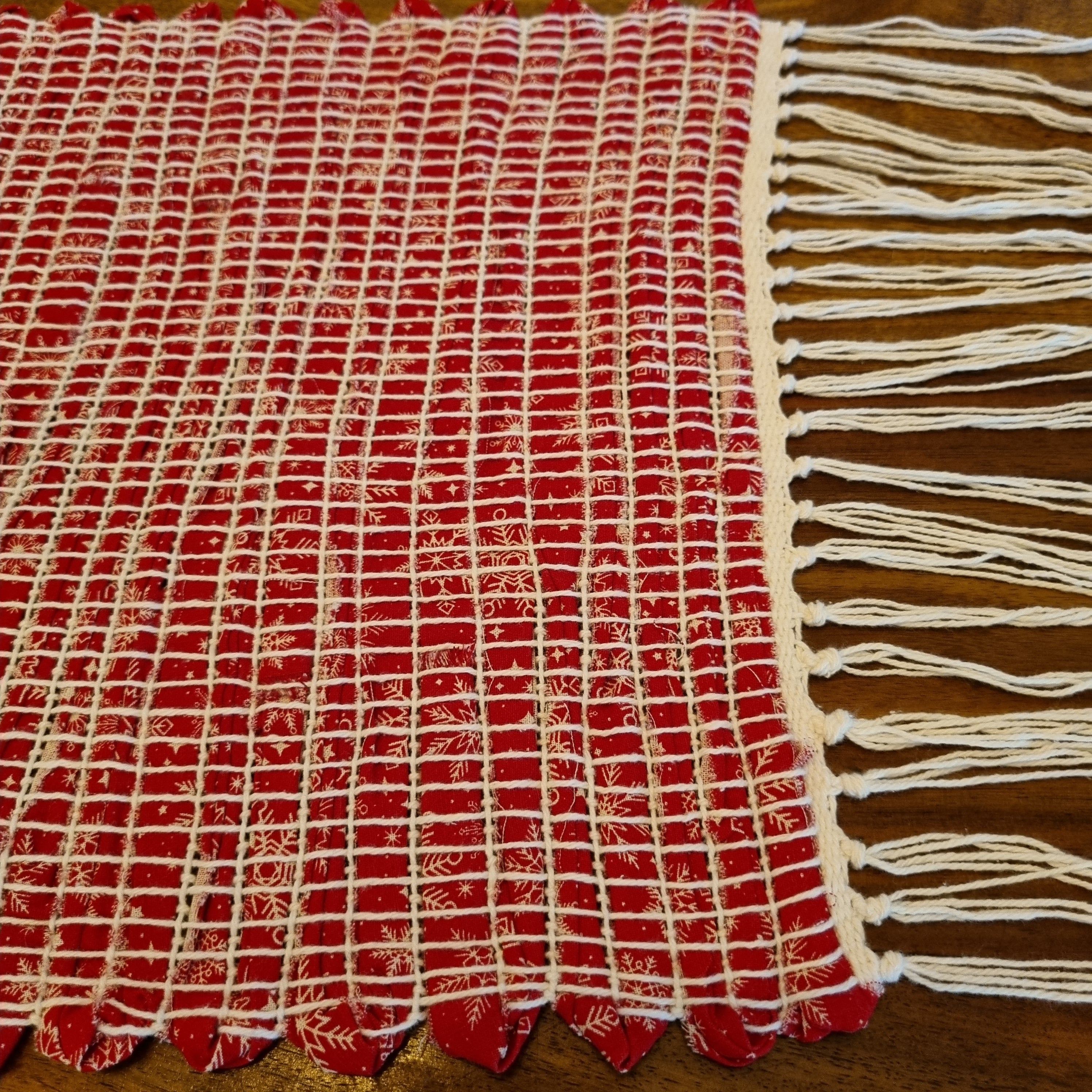 Handwoven Christmas fabric table runner red and white