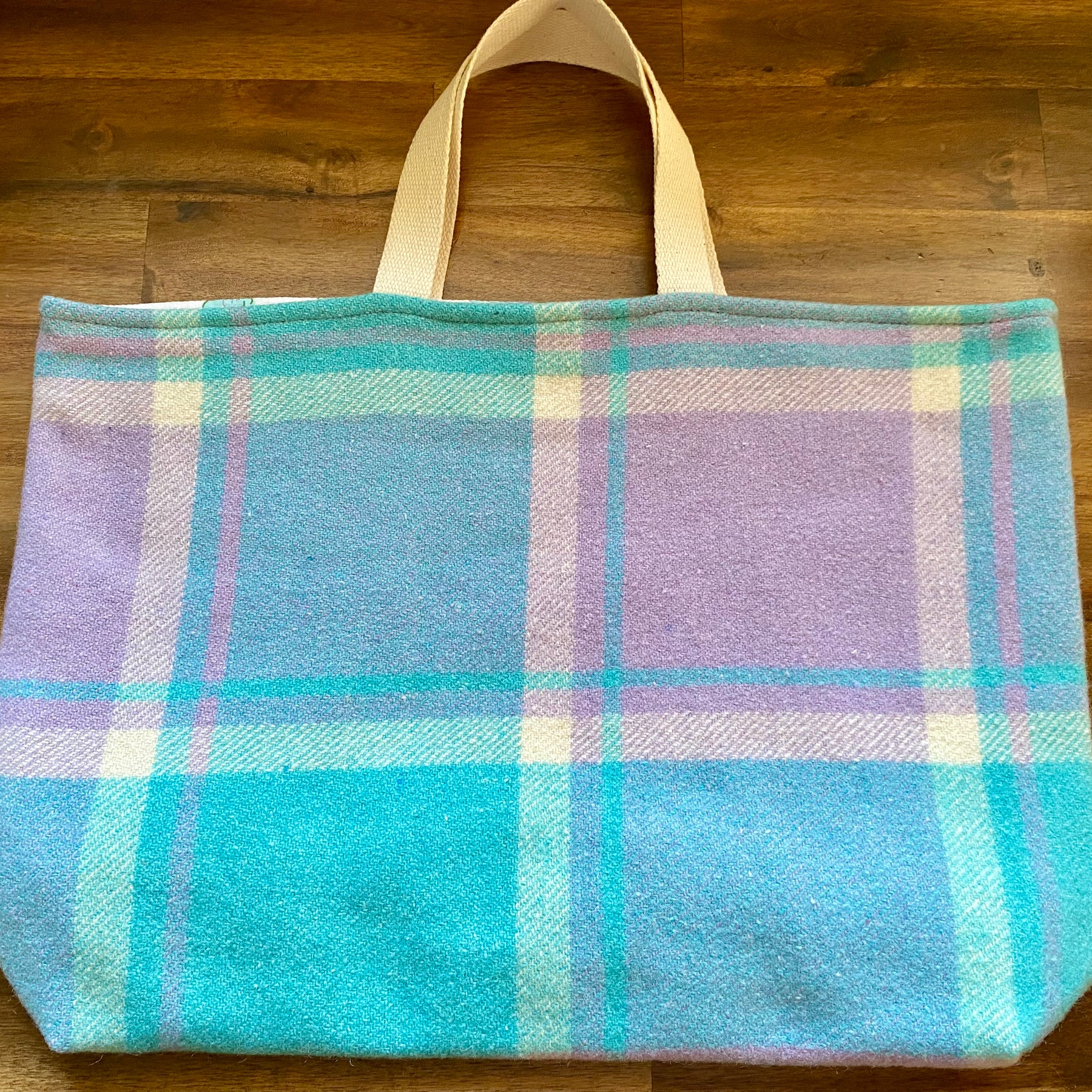 Upcycled Woollen Blanket - Market Tote - Mauve/blue