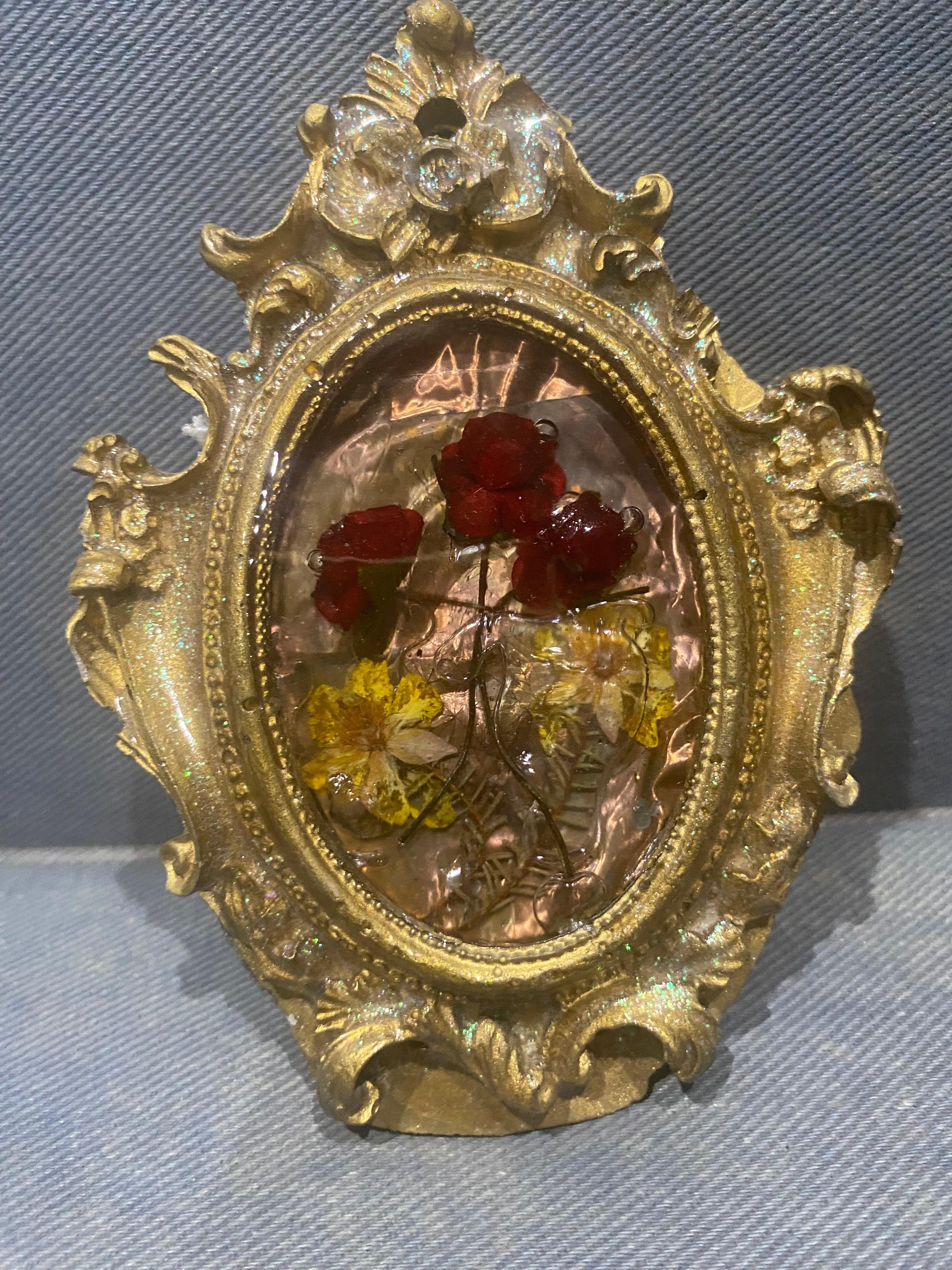 Bouquet of roses , wall art Handcast in gold frame