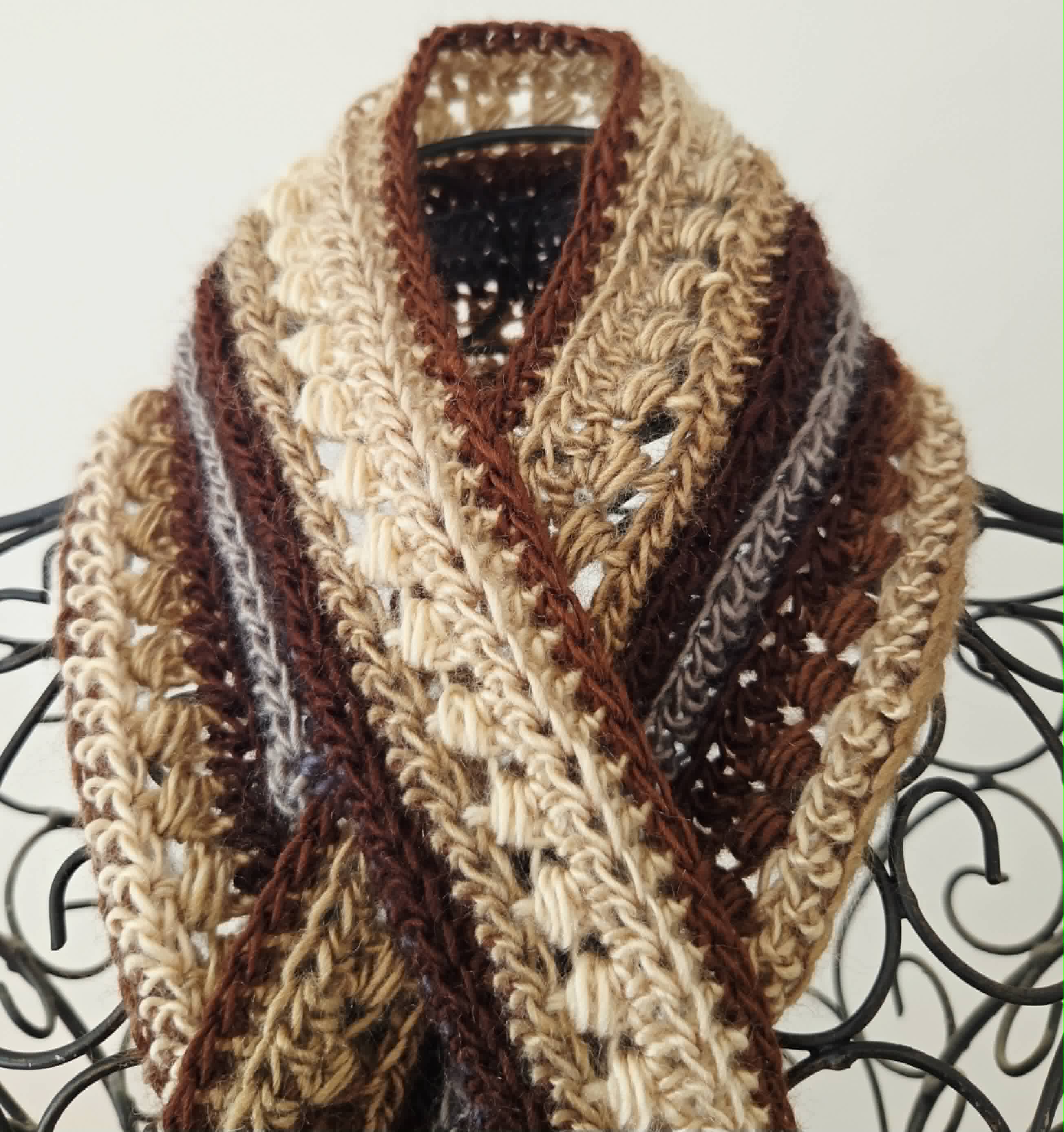 Crochet Keyhole Scarf | Handmade Ladies Neckwarmer | Adult | Brown Neutrals tones