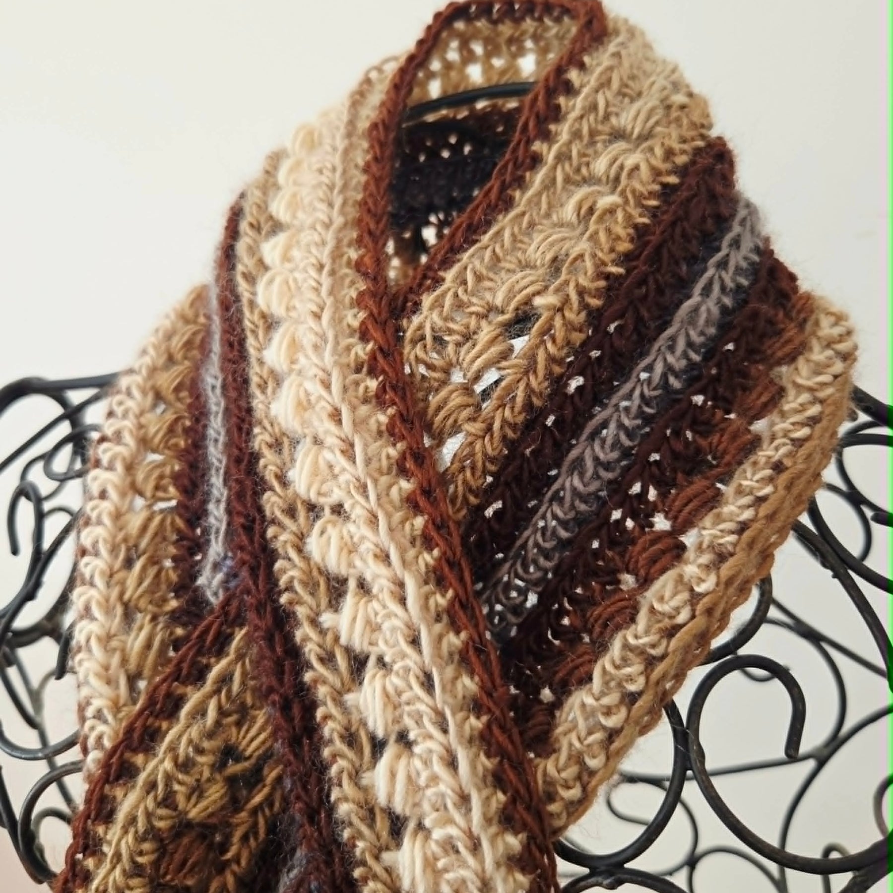 Crochet Keyhole Scarf | Handmade Ladies Neckwarmer | Adult | Brown Neutrals tones