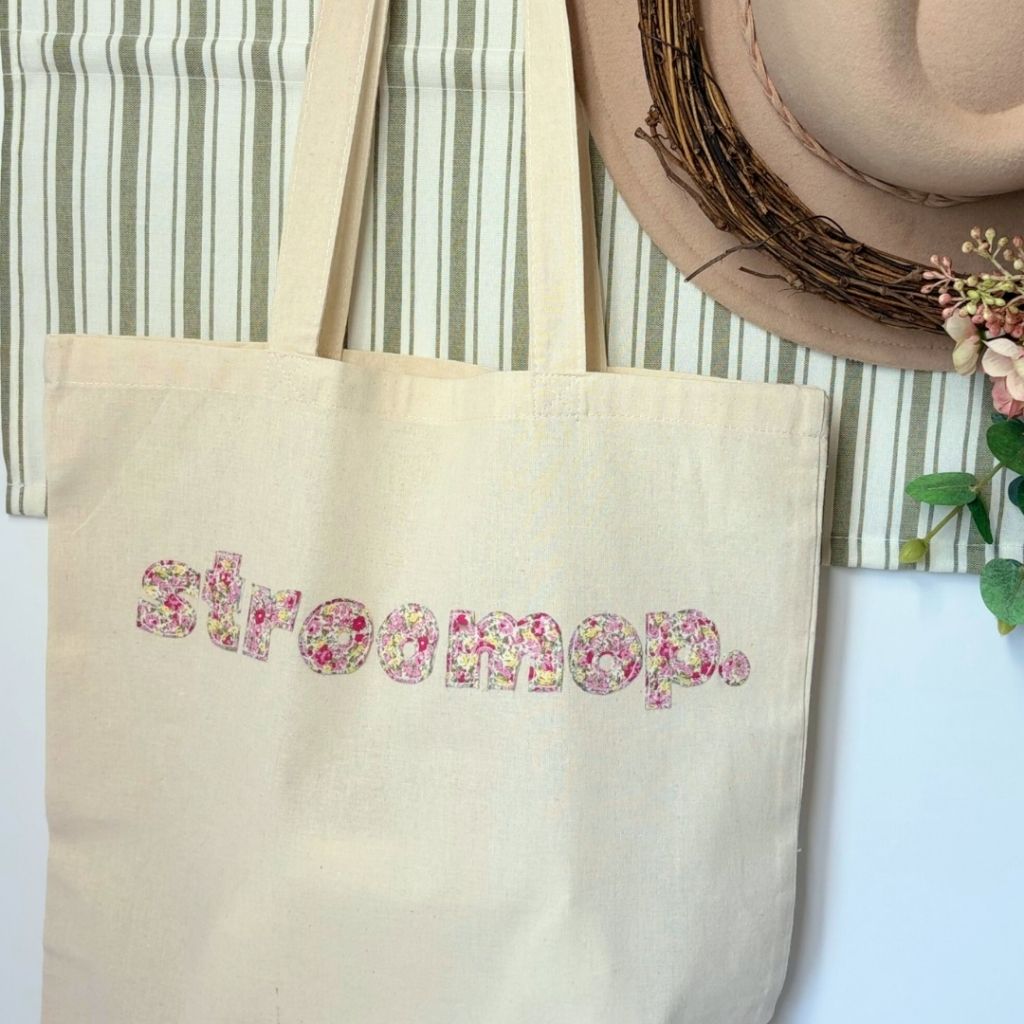 Tote Bag| Gift Bag | Raw Edge Floral Appliqué | Cheeky Afrikaans Word| Custom Word
