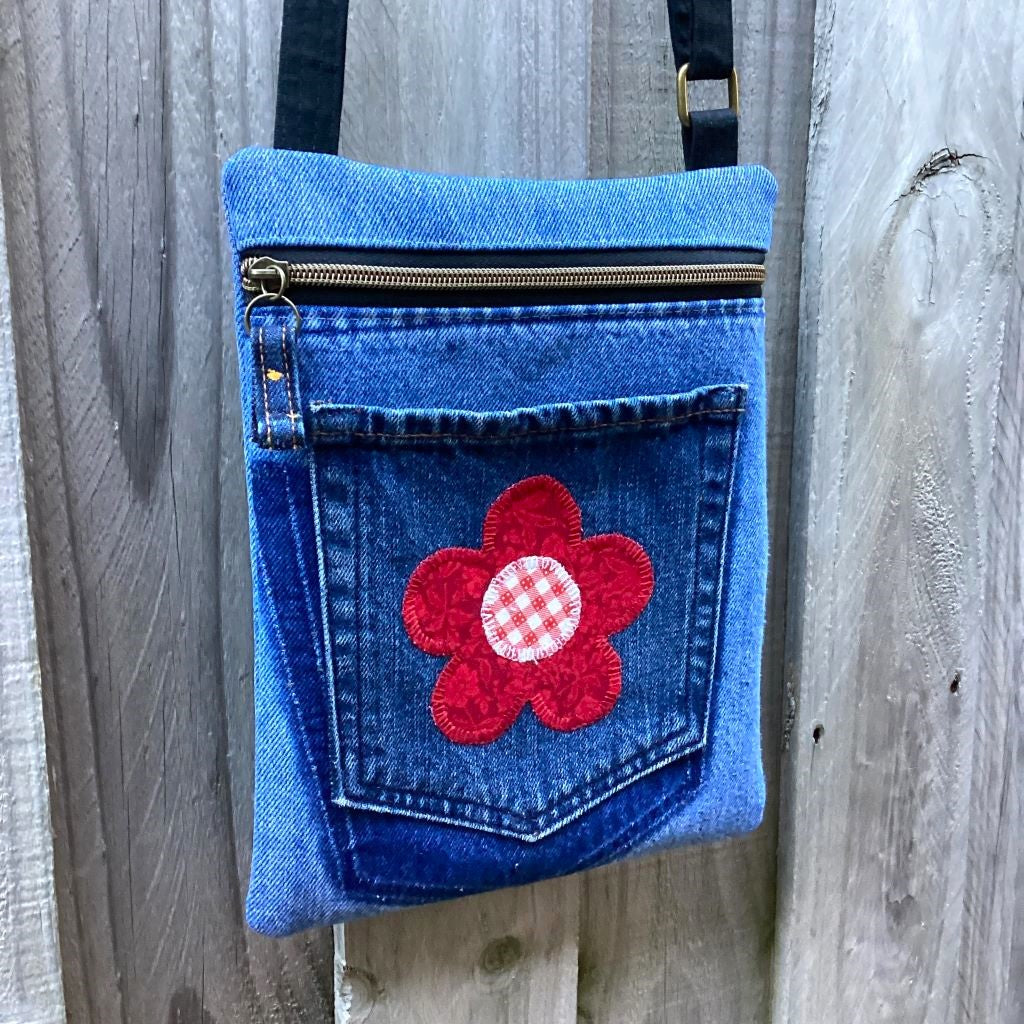 Upcycled Denim Crossbody Bag - Red Flower