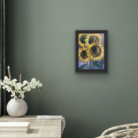 Acrylic painting depicting sunflowers , titled - A Cheeky Bunch ,