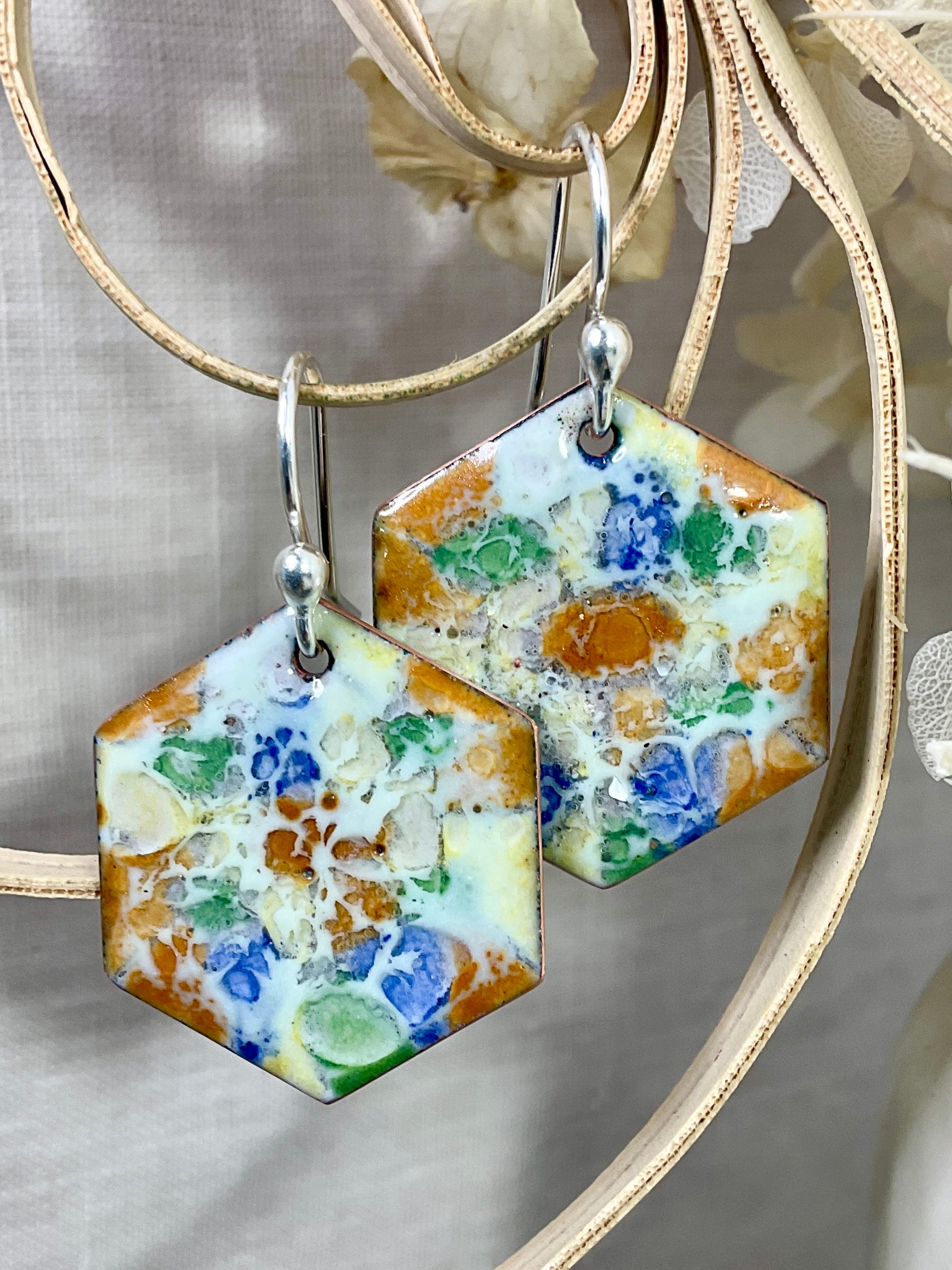 Multi coloured abstract earrings. Enamel