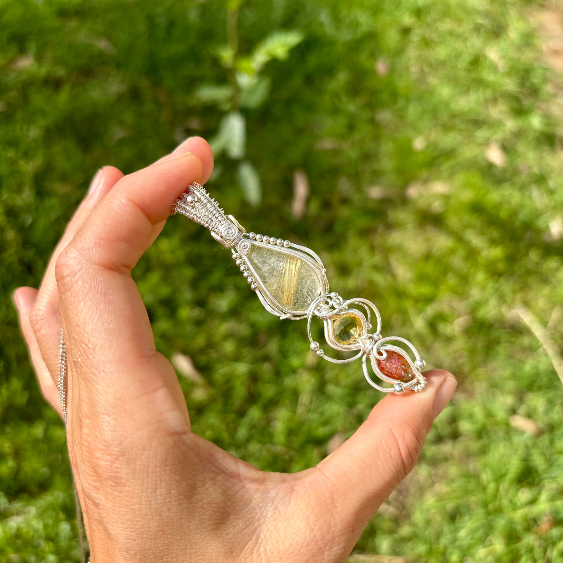 Citrine, Sunstone, Rutilated Quartz Crystal Pendant wire wrap