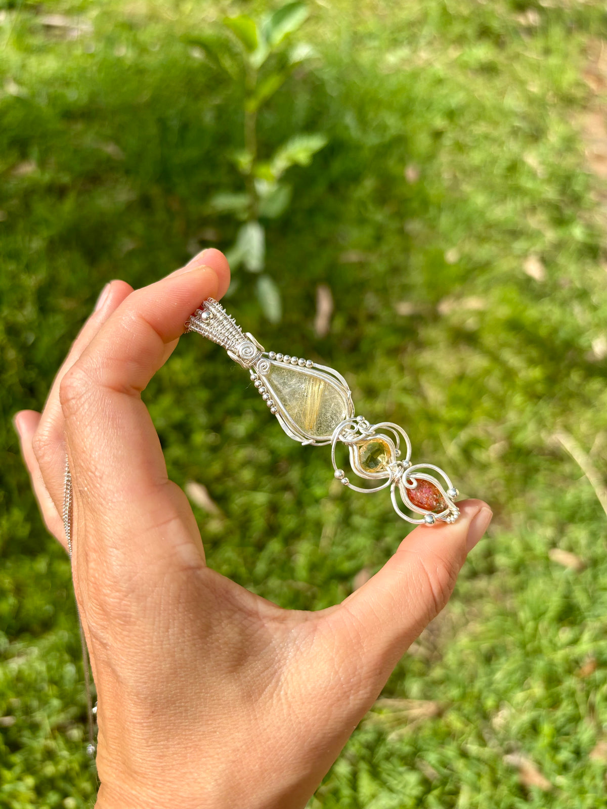 Citrine, Sunstone, Rutilated Quartz Crystal Pendant wire wrap