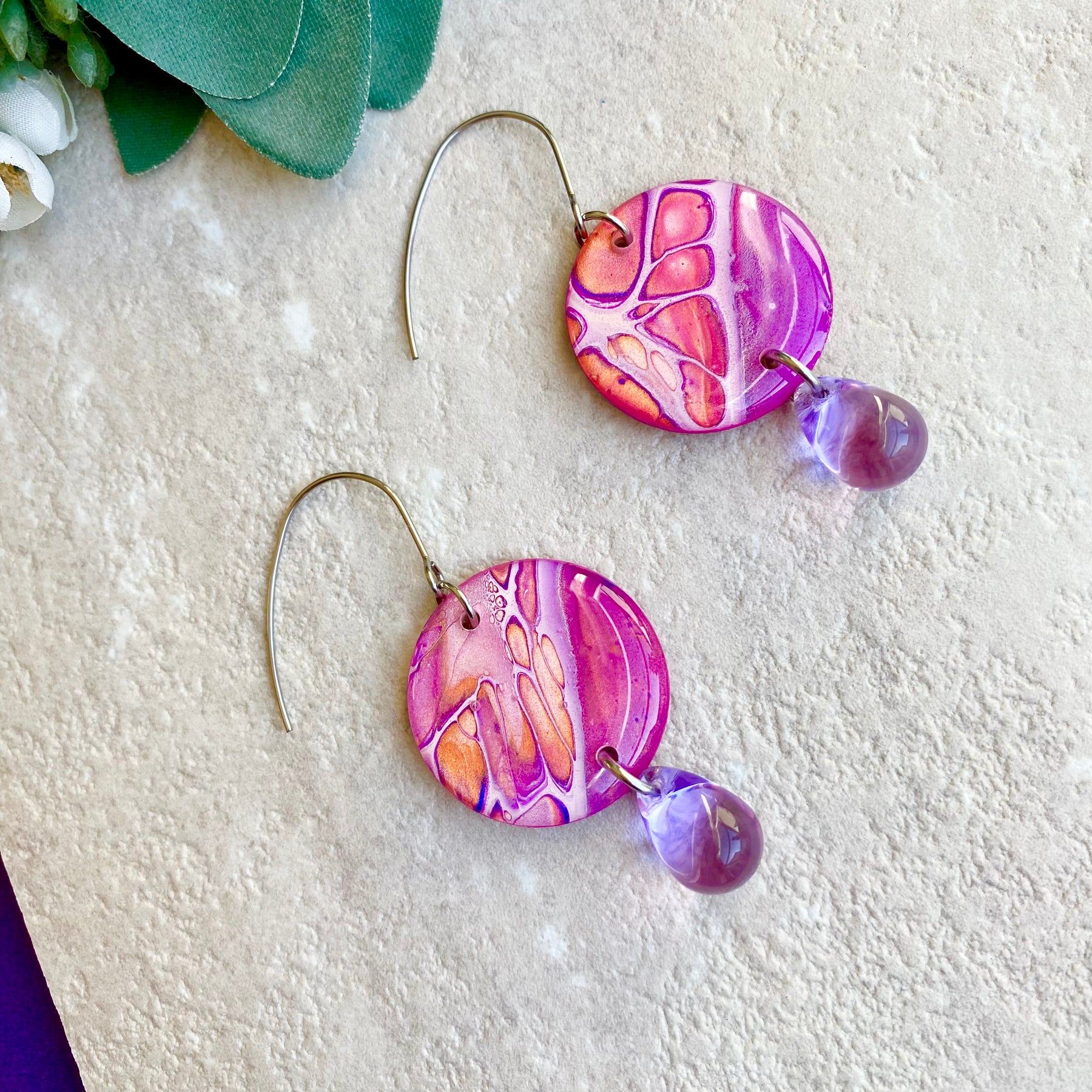 Pink Purple Orange Hand Painted Earrings