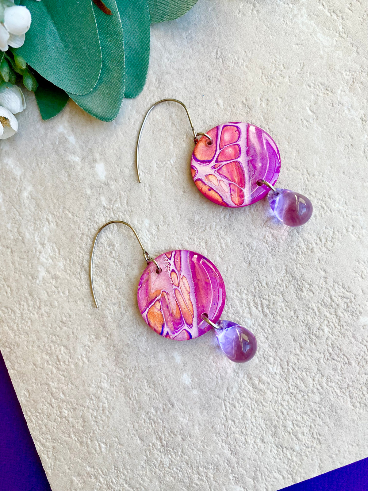 Pink Purple Orange Hand Painted Earrings