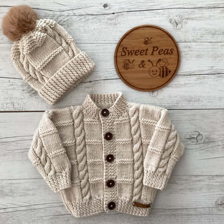 Hand Knitted Cabled Baby Cardigan & Hat