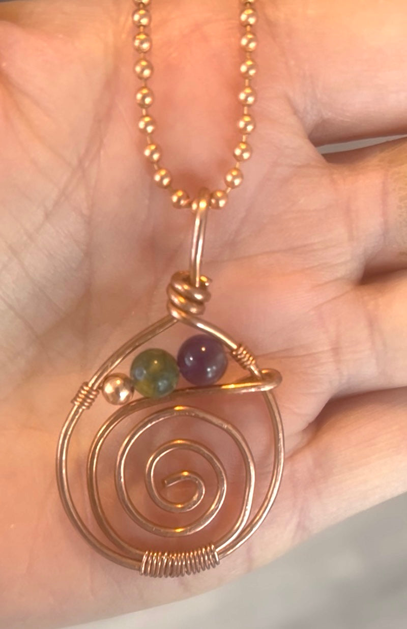 Spiral Copper Gemstone Pendant with Copper bead chain