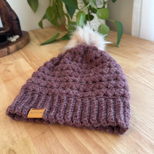 Grape Plum Adult Slouchy Beanie | Handmade Crochet Beanie with Faux Fur Pom Pom
