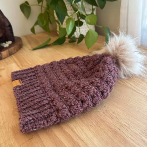 Grape Plum Adult Slouchy Beanie | Handmade Crochet Beanie with Faux Fur Pom Pom
