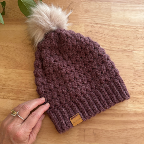Grape Plum Adult Slouchy Beanie | Handmade Crochet Beanie with Faux Fur Pom Pom