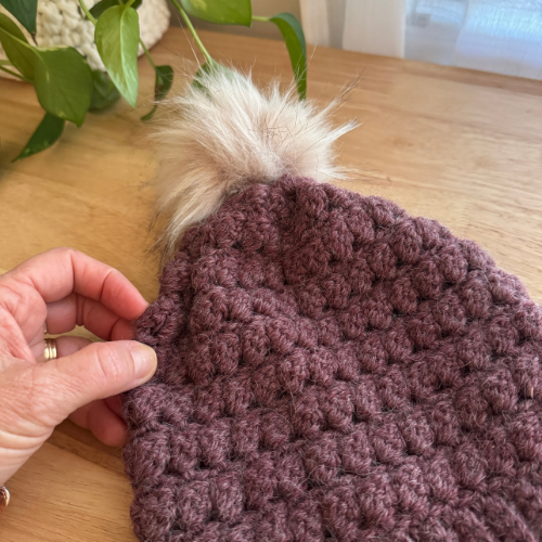 Grape Plum Adult Slouchy Beanie | Handmade Crochet Beanie with Faux Fur Pom Pom