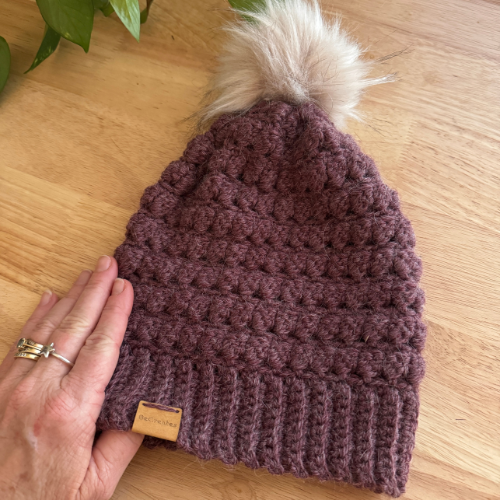 Grape Plum Adult Slouchy Beanie | Handmade Crochet Beanie with Faux Fur Pom Pom