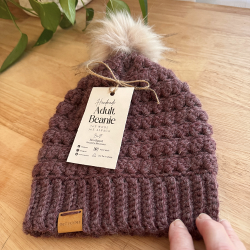 Grape Plum Adult Slouchy Beanie | Handmade Crochet Beanie with Faux Fur Pom Pom