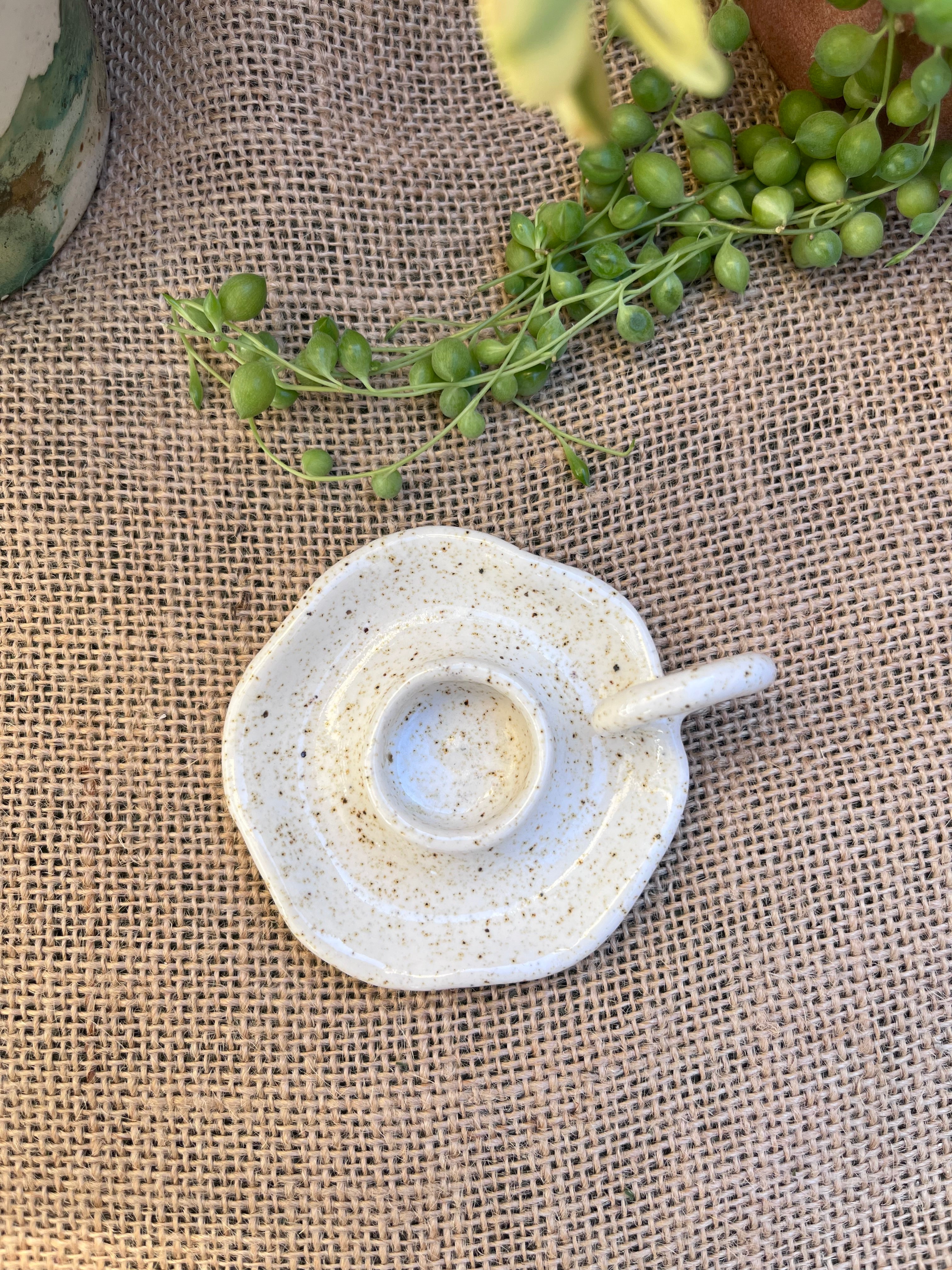 Petite Ceramic candlestick holder with Beeswax candle.