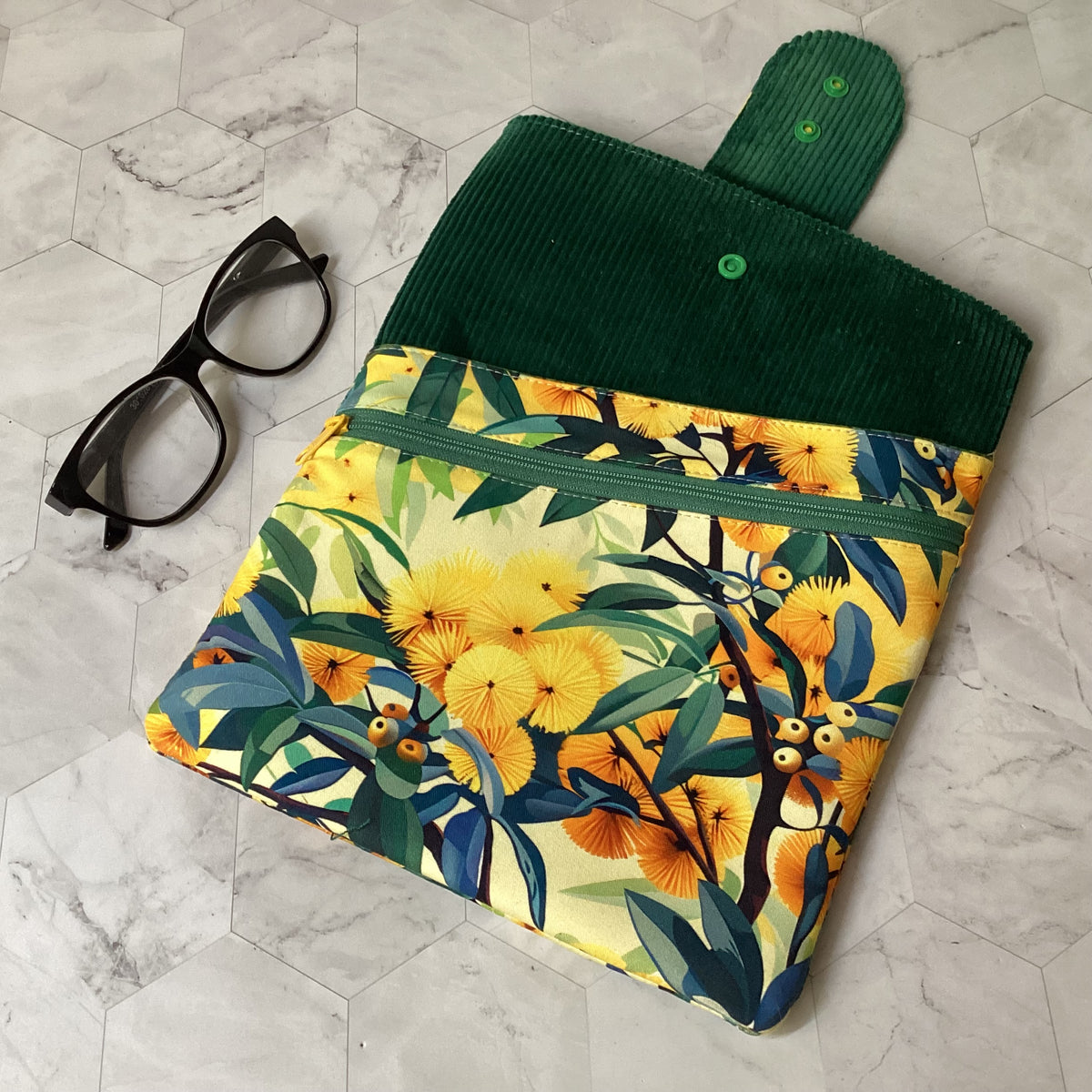Australian Wattle fabric book sleeve with 2 pockets. iPad, tablet pouch