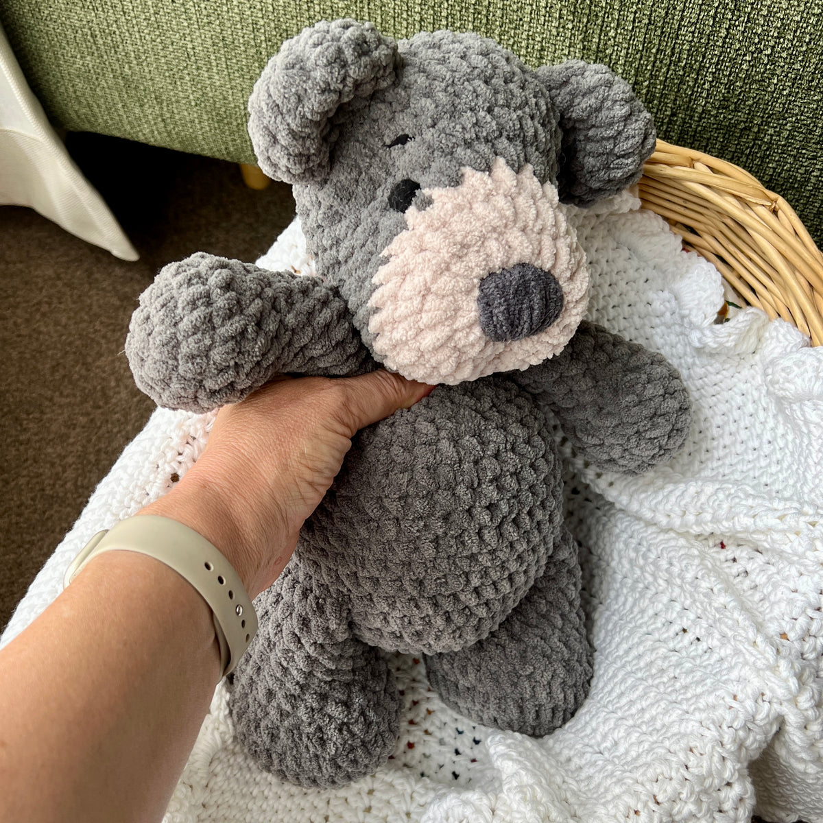 Handmade modern crochet large toy teddy plushie.