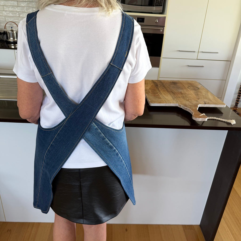 Up cycled denim Japanese style cross back kitchen apron. Crafting, gardening, no ties apron.