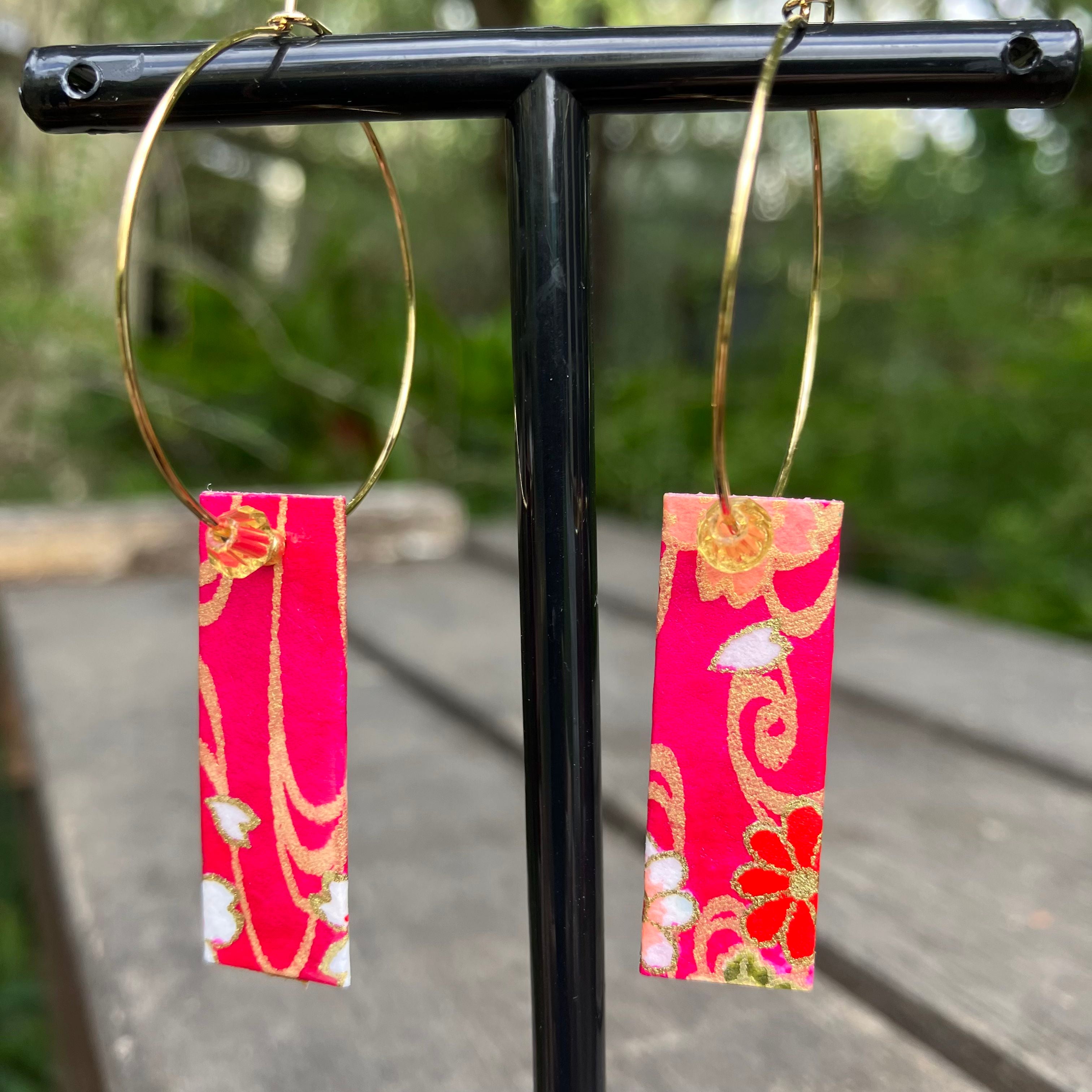 Pink and Gold Japanese Paper Tiles Hoop Earrings