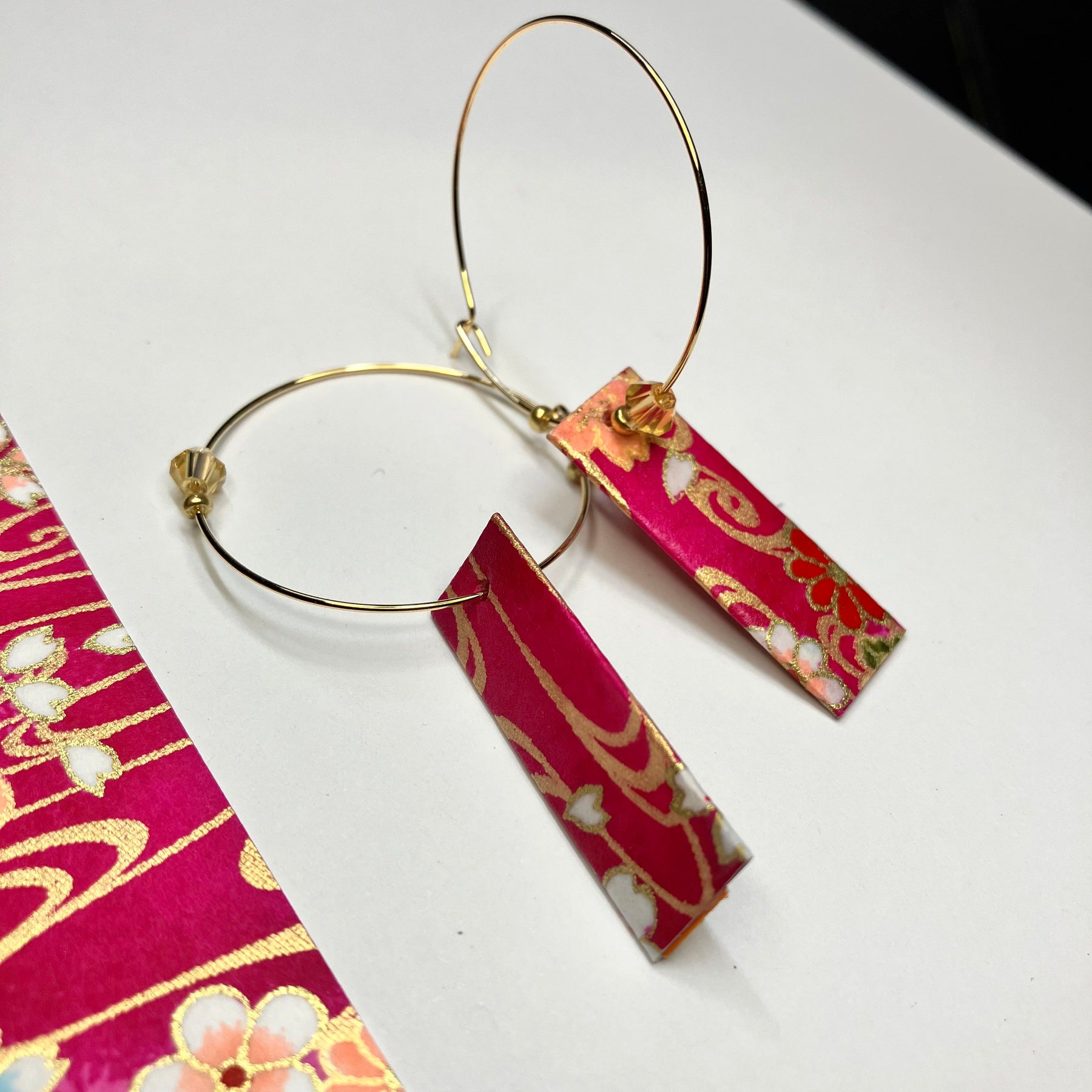 Pink and Gold Japanese Paper Tiles Hoop Earrings