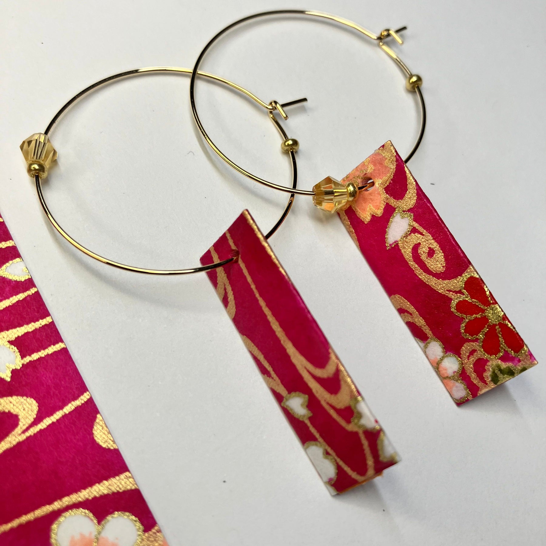 Pink and Gold Japanese Paper Tiles Hoop Earrings