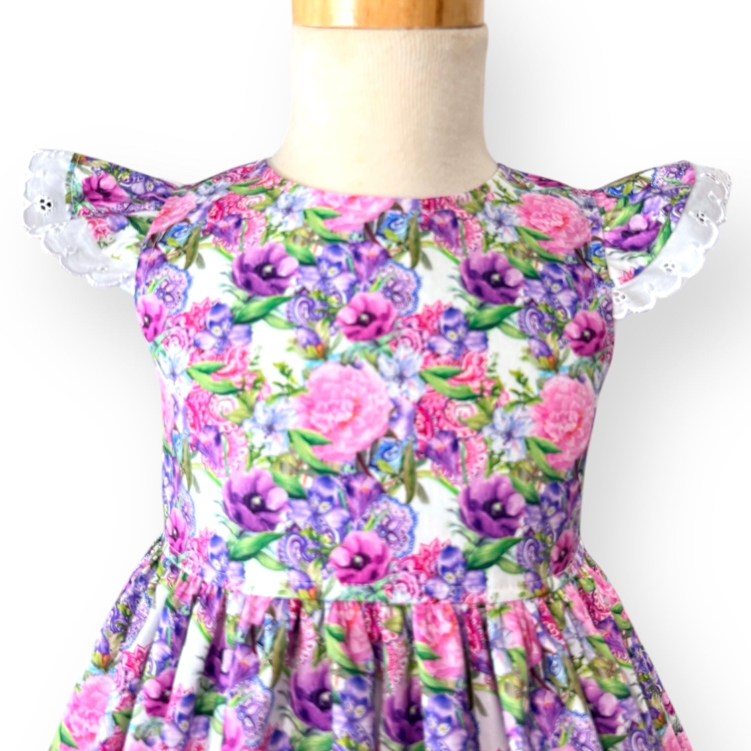 Violet floral flutter sleeve and lace tea party dress
